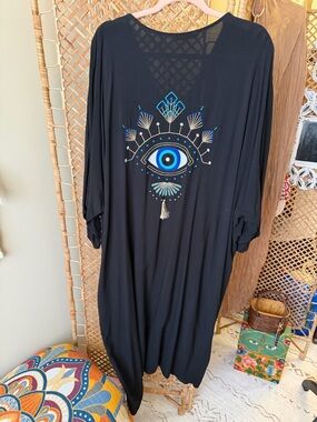 Black Kimono Top with Blue Embroidered Accent